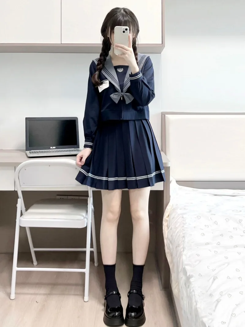 New Japanese Lolita Style Summer And Autumn Campus Skirt Top Sets JK Uniform Navy Dark Skirts Stripe Pleated Soft Outfits Female