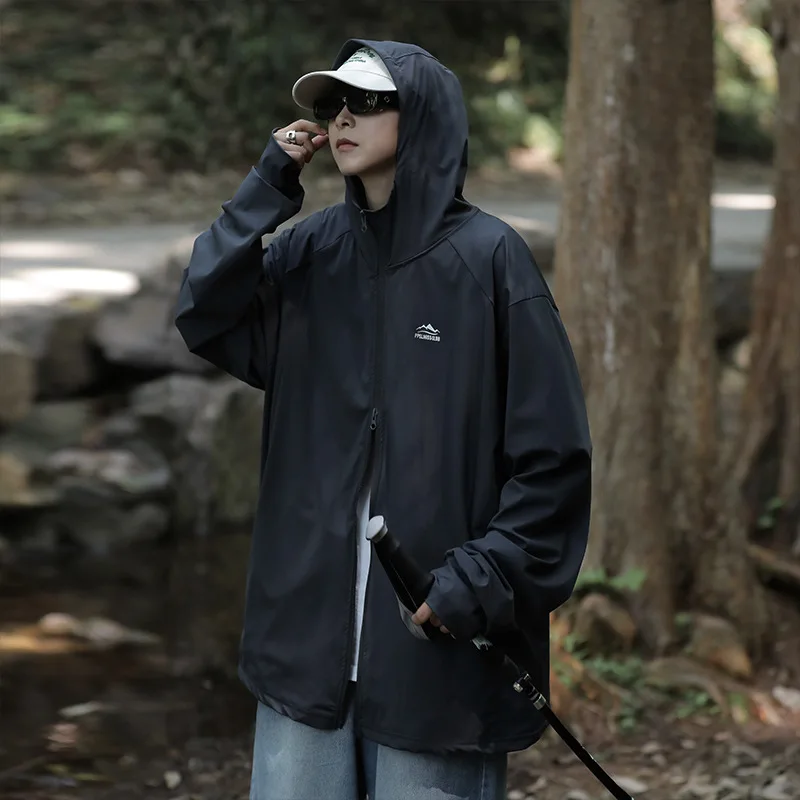 Thin ice silk sunscreen jacket men's summer mountain outdoor fashion brand loose Japanese Harajuku hooded UV protection jacket