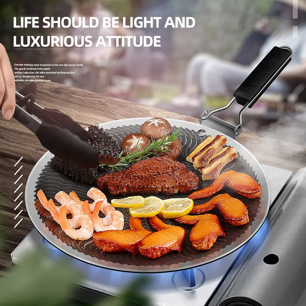 Stainless Steel Grill Skillet Pan With Foldable Wooden Handle Outdoor Grill  Barbecue Pan With Holes Kitchen Tool - AliExpress