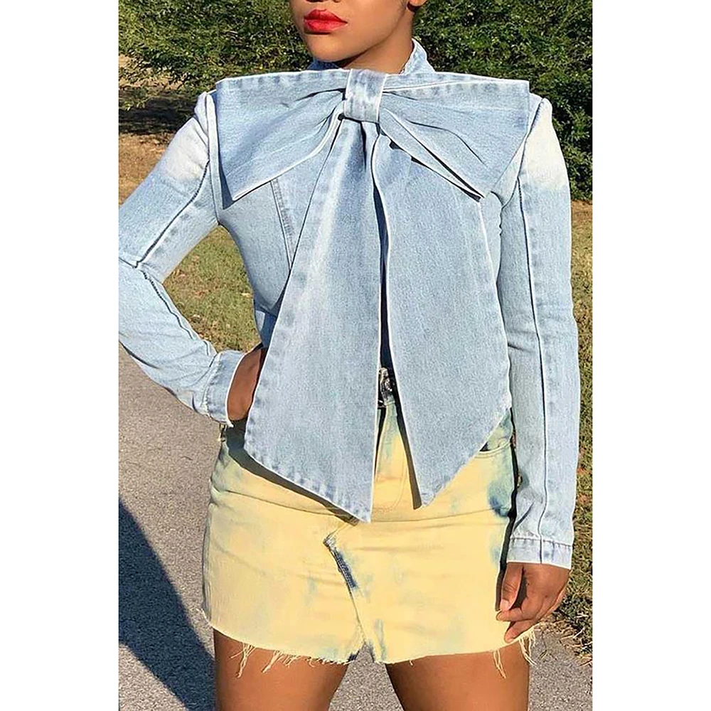 Plus Size Daily Blouse Light Blue Bow Denim Jacket Blouse