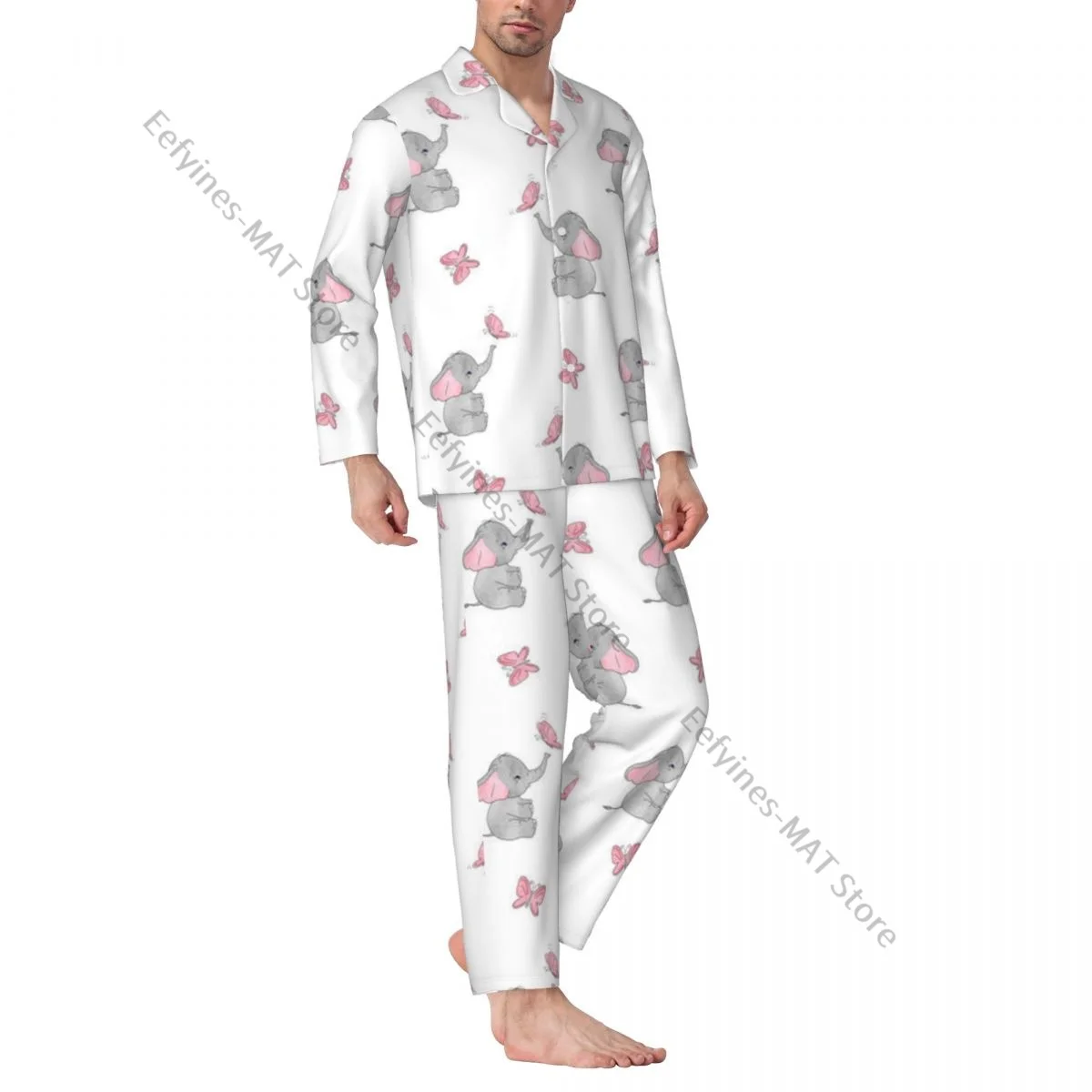 thumbnail image 1 of Pijama de hombre con solapa y manga larga, ropa de dormir divertida con diseño de tiburón y pez en estilo escandinavo, ropa de hogar para hombre, 1 of 5