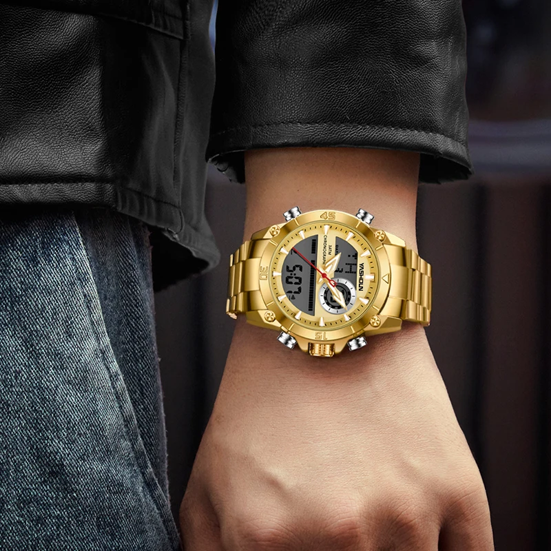 Men Military Sport Wrist Watch Gold Quartz Steel Waterproof Dual Display Male Clock Watches Relogio Masculino 9017