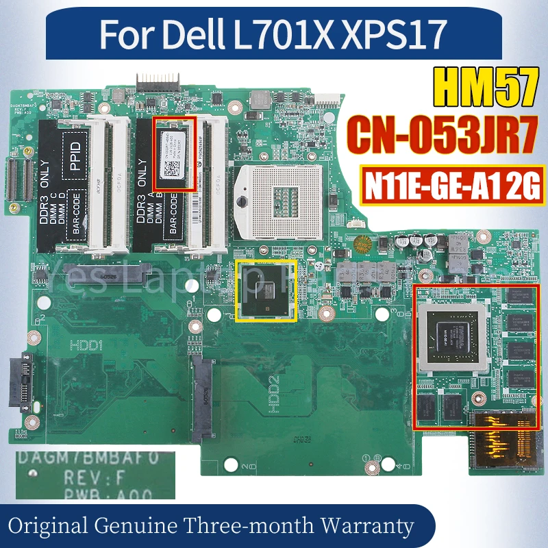 

DAGM7BMBAF0 For Dell L701X XPS17 Laptop Mainboard CN-053JR7 HM57 N11E-GE-A1 2G 100％ Tested Notebook Motherboard