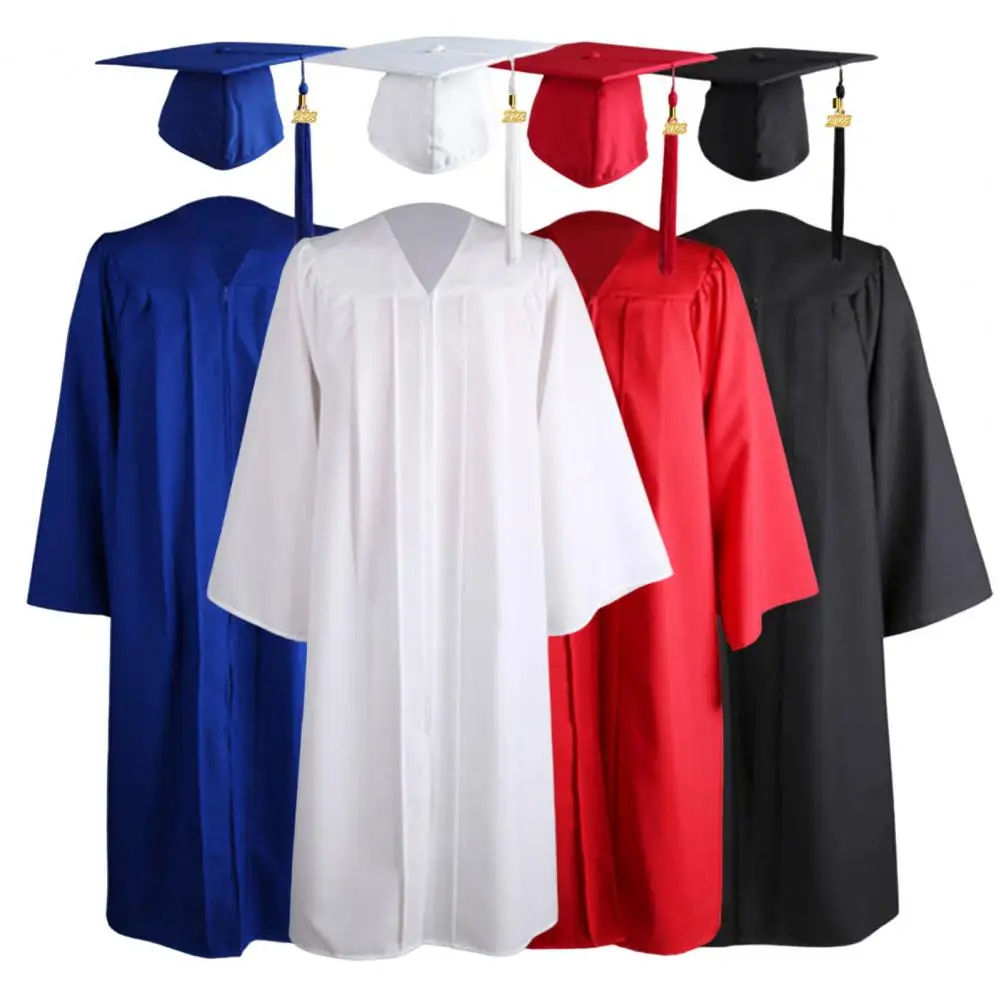 

2023 University Graduates Academic Gown Tassel Hat Zipper V Neck High School Bachelor Academic Dress Student Graduation Costume