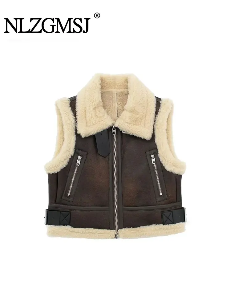 

Nlzgmsj TRAF 2023 Autumn Winter New Women Fleece Sleeveless Vests Fashion Belt Faux Sheepskin Coat Cropped Faux Leather Vest