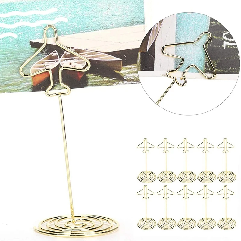 10Pcs Memo Clip Holder, Table Number Name Card Holder Desktop Metal Business Card Photo Gold Plane Frame With Base