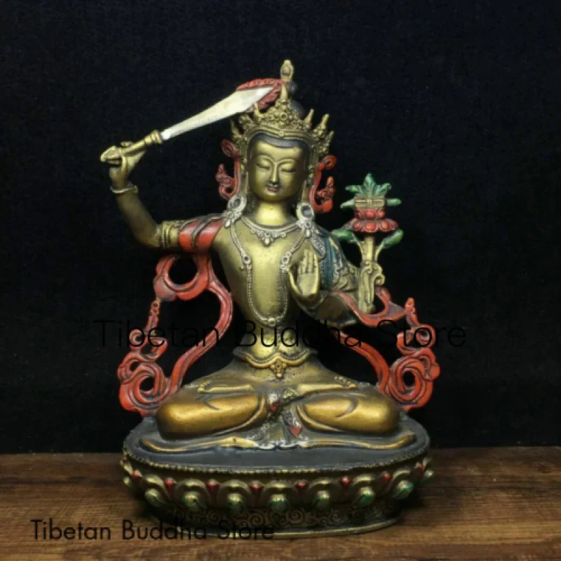 

8" 4 Tibet Bronze Painting Wenshu Manjushri Guan Yin Goddess Boddhisattva Statue