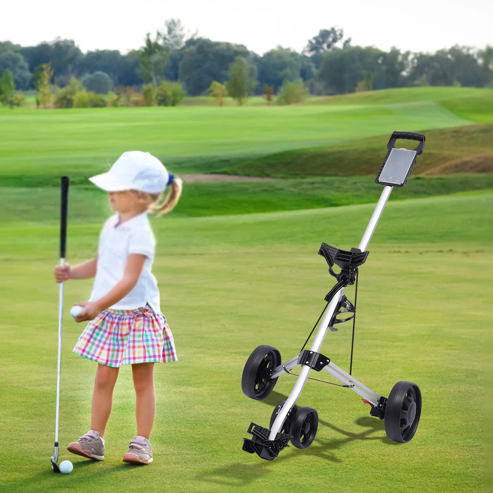 3 Wheel Push Pull Golf CART-Foot Brake-ONE Second to Open & Close Lightweight Push Pull Golf Cart Trolley Sturdy Foldable