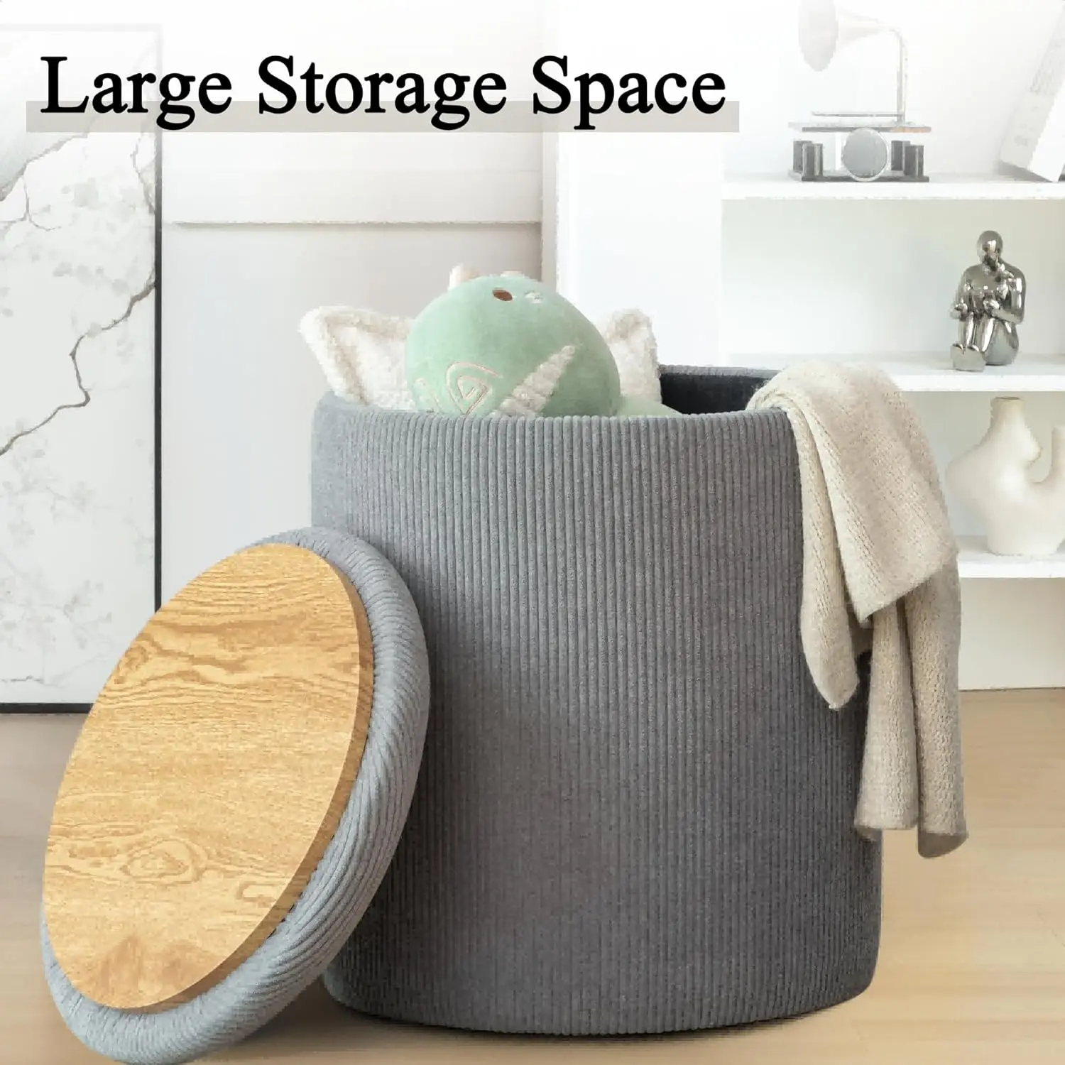 Round Ottoman with Storage, Set of 2, Small Vanity Stool as Vanity Chair, Corduroy Ottoman Foot Rest