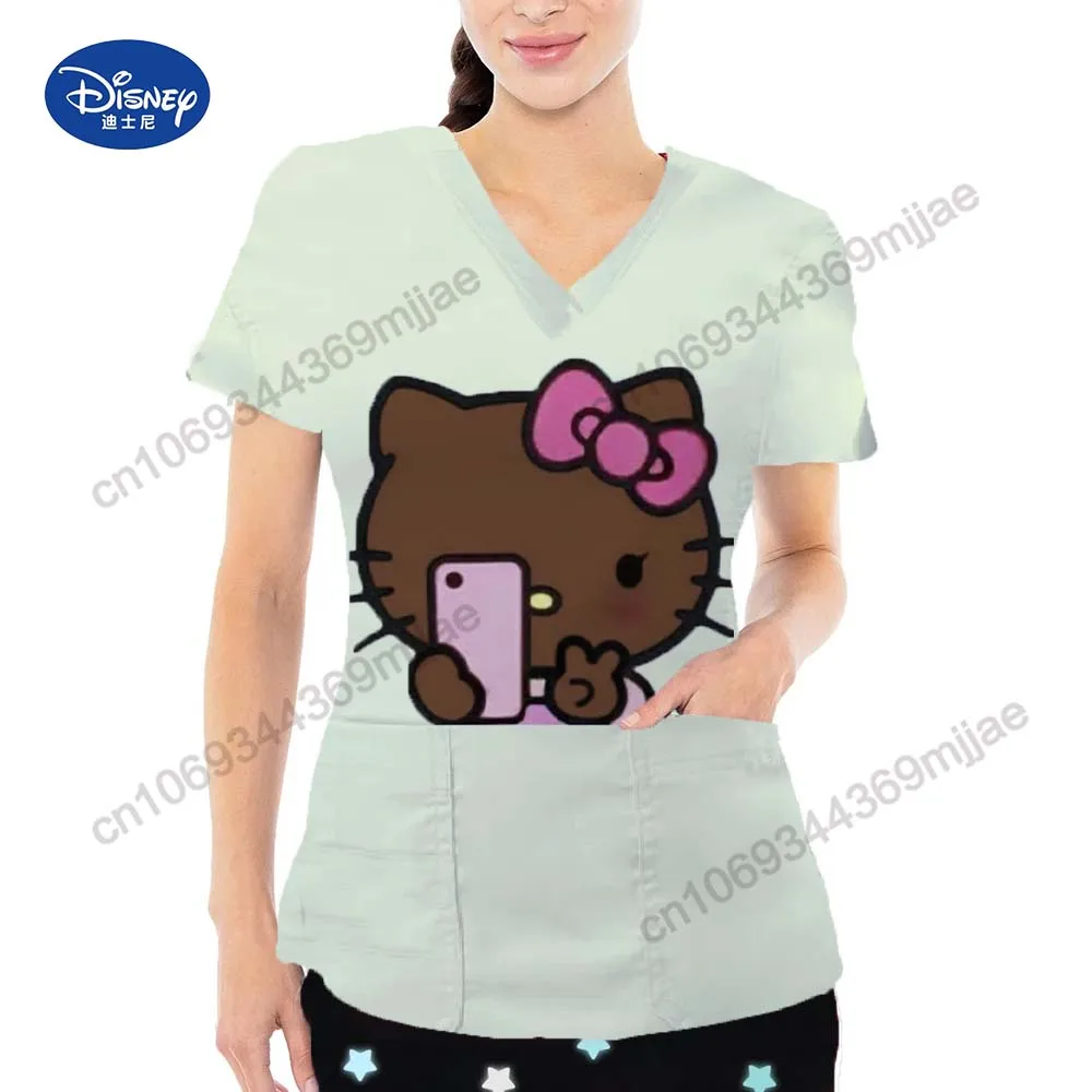 

Женские футболки с карманами, летние топы с коротким рукавом, женские футболки 2024 с V-образным вырезом, модная женская одежда в стиле Харадзюку С мультипликационным принтом