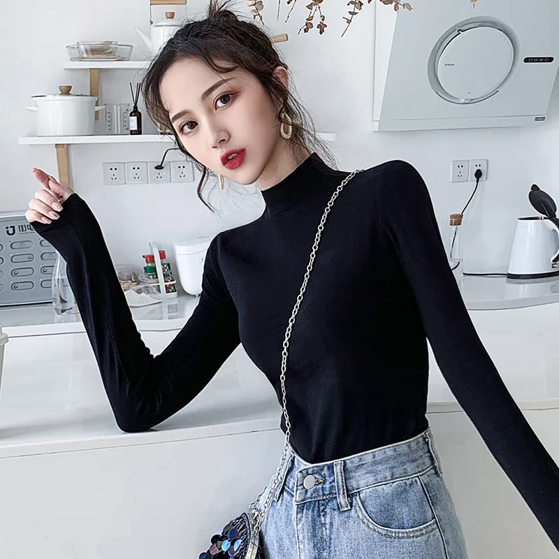 여성용 세미 하이 칼라 언더셔츠, 얇은 가을 및 겨울 스타일, 긴팔 티셔츠 스타킹, 블랙