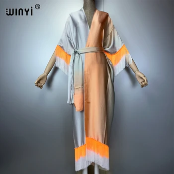 WINYI kimono cover-ups summer boho Gradual fringe print Bikini Cover-up Elegant fashion Cardigan sexy Holiday tassels maxi dress 1