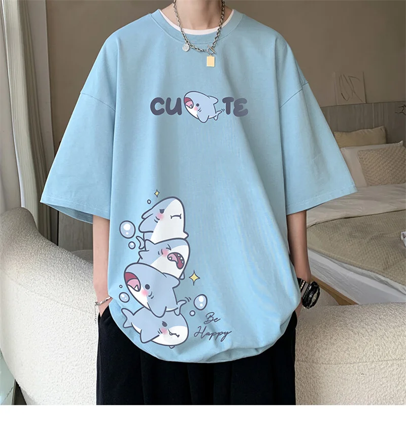 Men's Cotton T-shirts White Men Oversized T Shirt Anime Shark Print Summer Casual Wear 5XL Tee Shirts Big Size Male Clothes