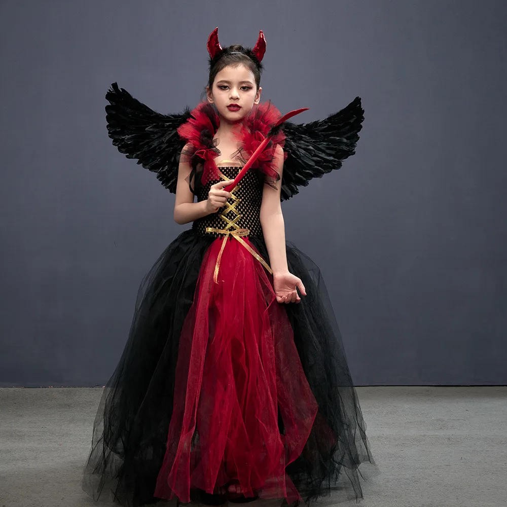 

Cosplay Vampire Dress for Kids Halloween Costumes Role Witch Dress Gothic Devil Princess Queen Skirt Girl Wings Headband Wand
