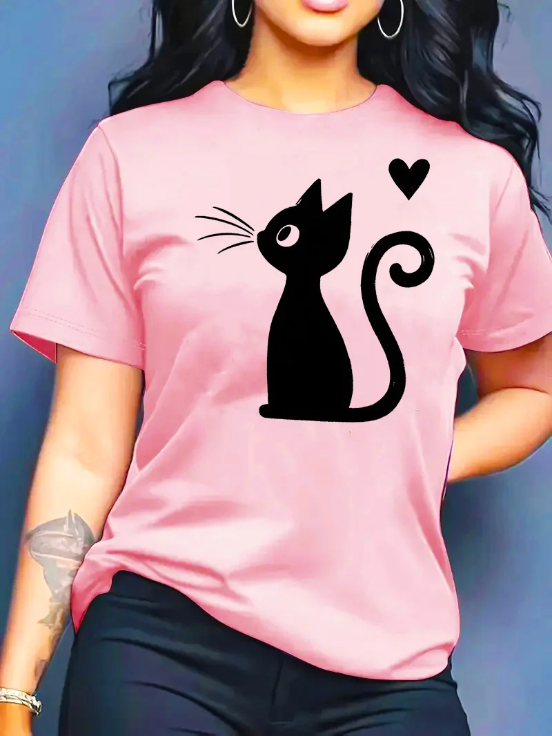 تي شيرت نسائي جديد لصيف 2026 بياقة مستديرة وتصميم عصري فضفاض مع طباعة قطط وأكمام قصيرة