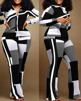 Two Piece Set Women Outfit 2023 Autumn Fashion Geometric Print Stand Collar Long Sleeve Zip Up Top & Casual Sporty Pants Set 1