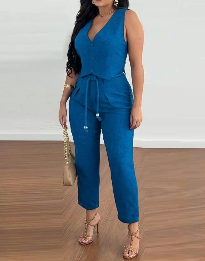 Women's Two Piece Summer Casual Solid V-Neck Sleeveless Buttoned Vest Top and Pocket Design Ruched Tied Detail Pants Set