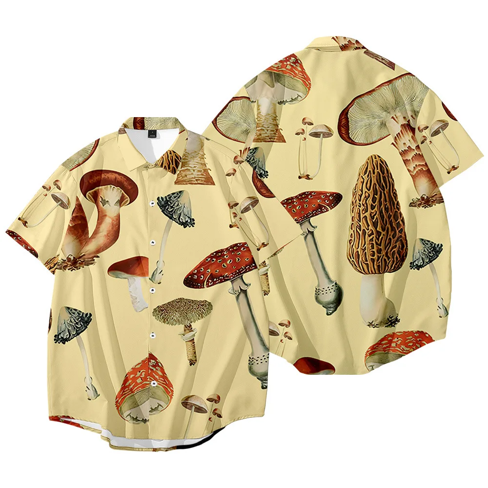 

Large Y2k Hombre Men's Shirt Size Mushroom Pattern 3D Digital Print Beach Holiday Loose Short Sleeve Men's Shirt 6xl