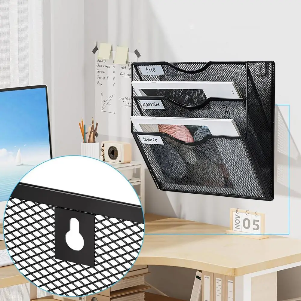 사무실용 3단 메쉬 메탈 벽걸이 파일 정리대, 라벨 슬롯 포함, 녹 방지 문서 걸이대, 사무실용 우편함
