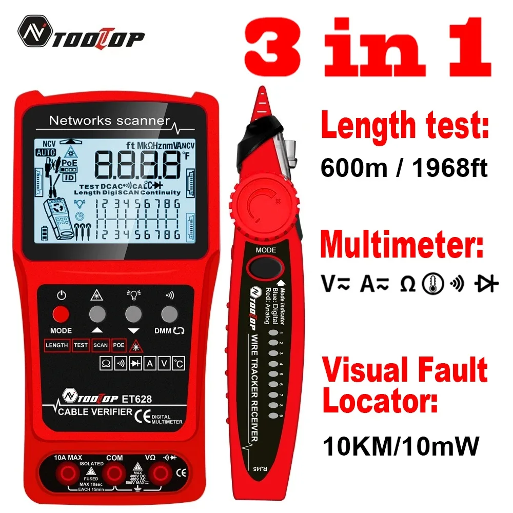 TOOLTOP Network Cable Tester 10KM Visual Fault Locator Multimeter 3 in 1 LAN Length Measure Anti