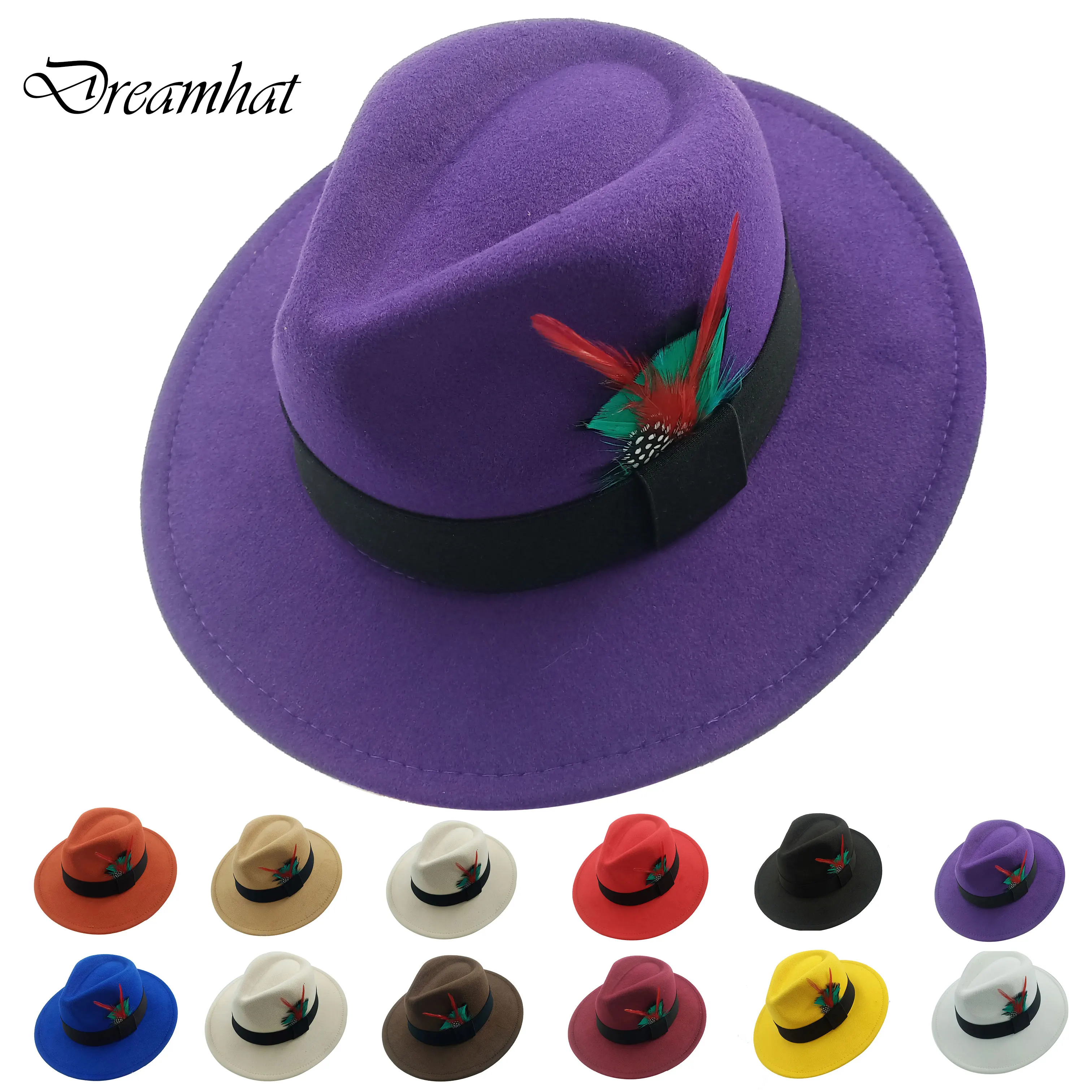 Purple Fedoras Hat For Men Feather 