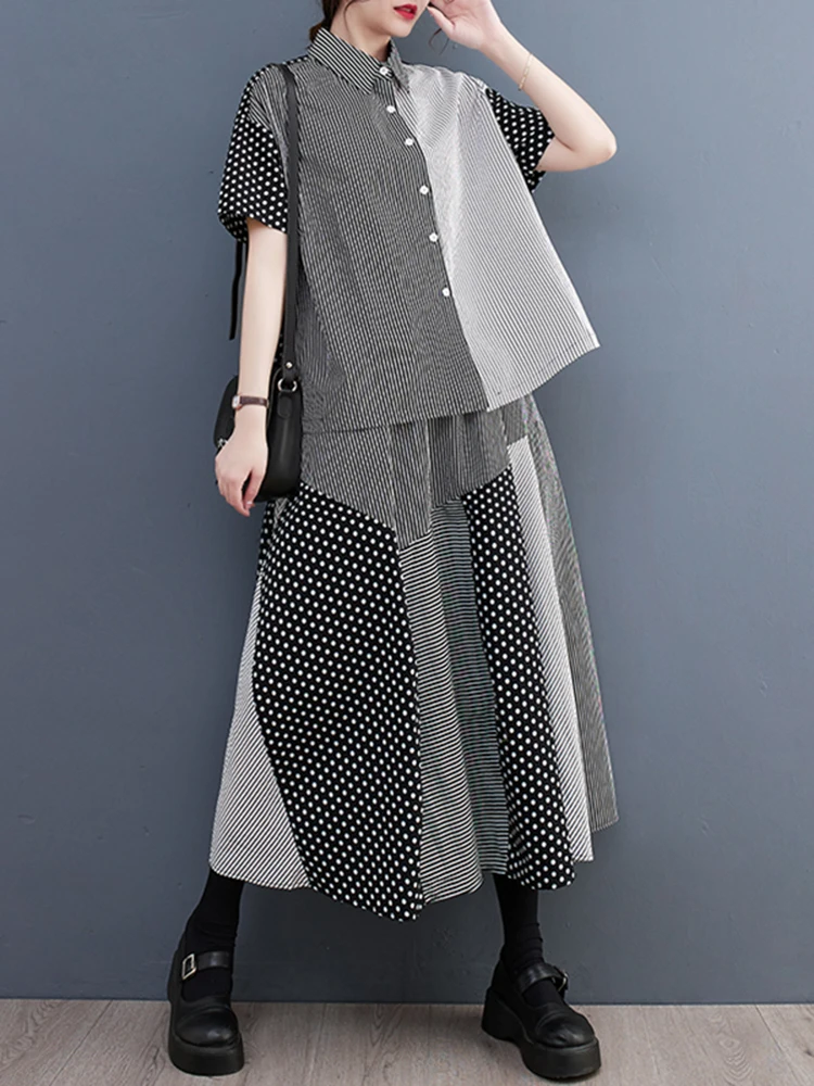 Polka Dot Stripe Print Summer Casual 2 Two Piece Set Short Sleeve Loose Blouse Women Shirt Top Fashion Clothing Skirt Suit 2025