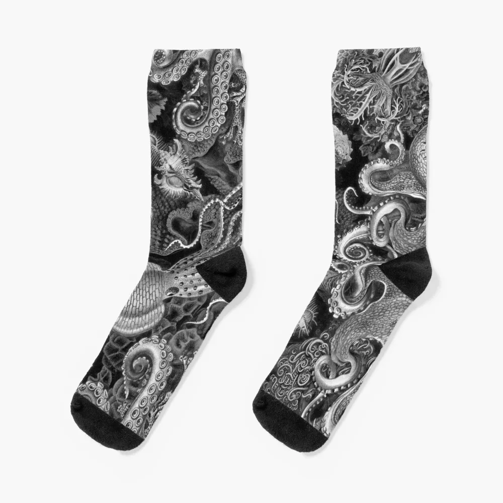 

Octopus Squid Kraken Art Tentacles Seashell Deep Sea Ocean Creatures Lover (Black & White) - Octopus Socks