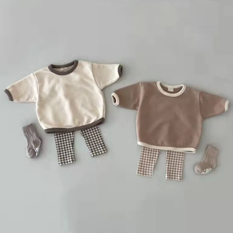 New Baby Boys Solid Cute Casual Long Sleeve Top Cotton Infant Toddler Girls Plaid Fashion Pant 2pc Set Children Pajamas