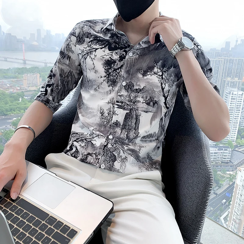 

Summer New Fashion Digital Print Half Sleeve Shirts For Men Clothing 2023 Simple Slim Fit Casual Prom Tuxedo Dress Blouse Homme