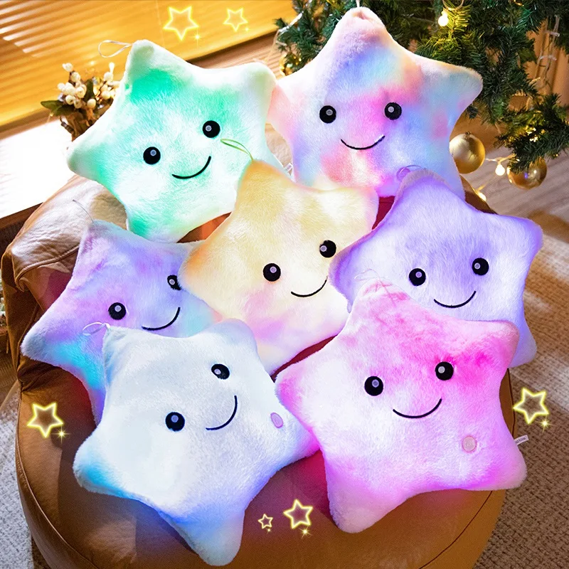 24x22/40x35cm Glowing Star Plush Pillow Stuffed Smiling Face Soft Purple Blue Green Yellow Overnight Plushie Friend Gift 5