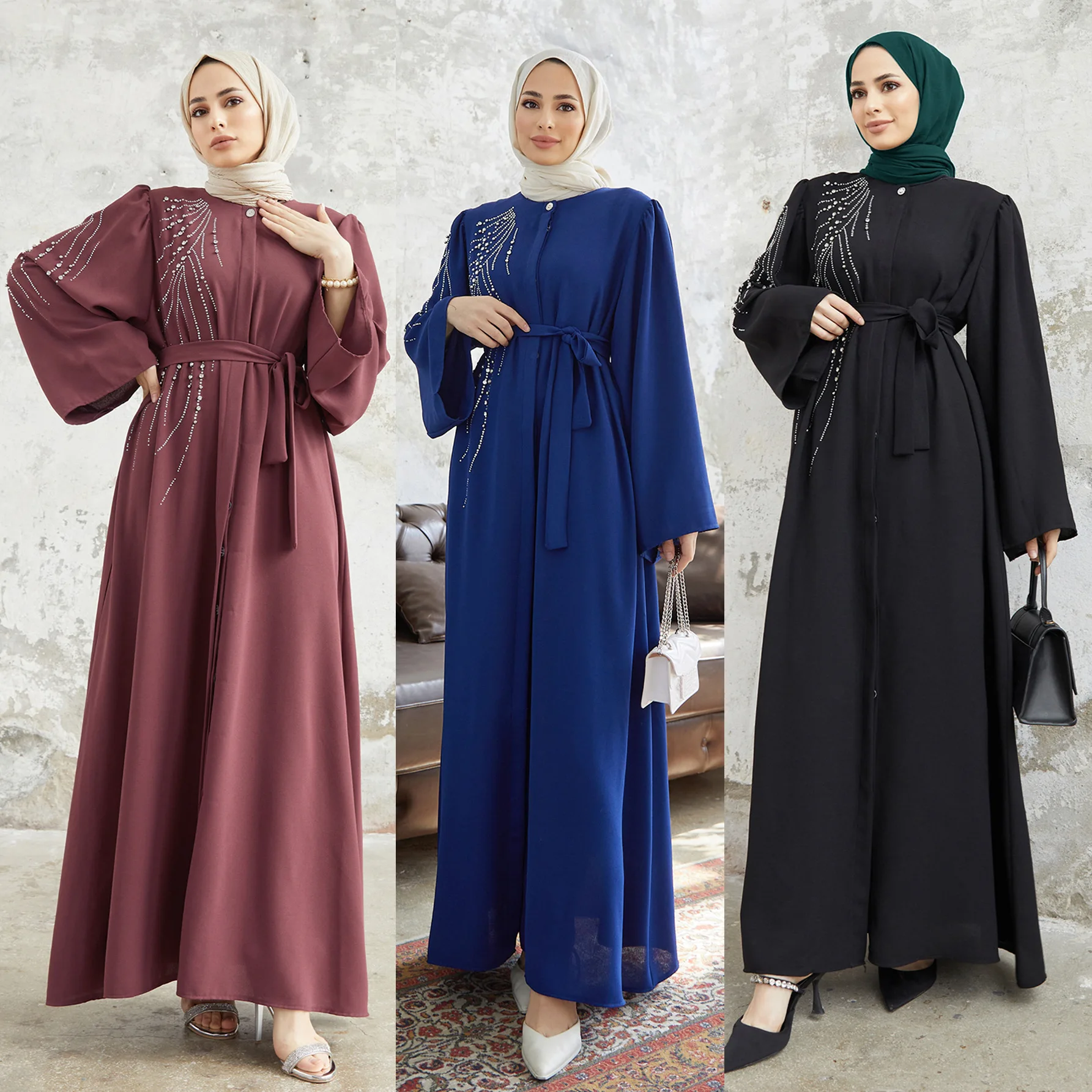 

Elegant Muslim Women Diamonds Abaya Long Maxi Dresses Turkey Dubai Kaftan Eid Party Gown Islam Arabic Robe Belt Caftan Jalabiya