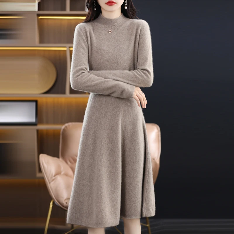 AutumnandWinterNew100PureWoolSlimHalfHighNeckDressWomens
