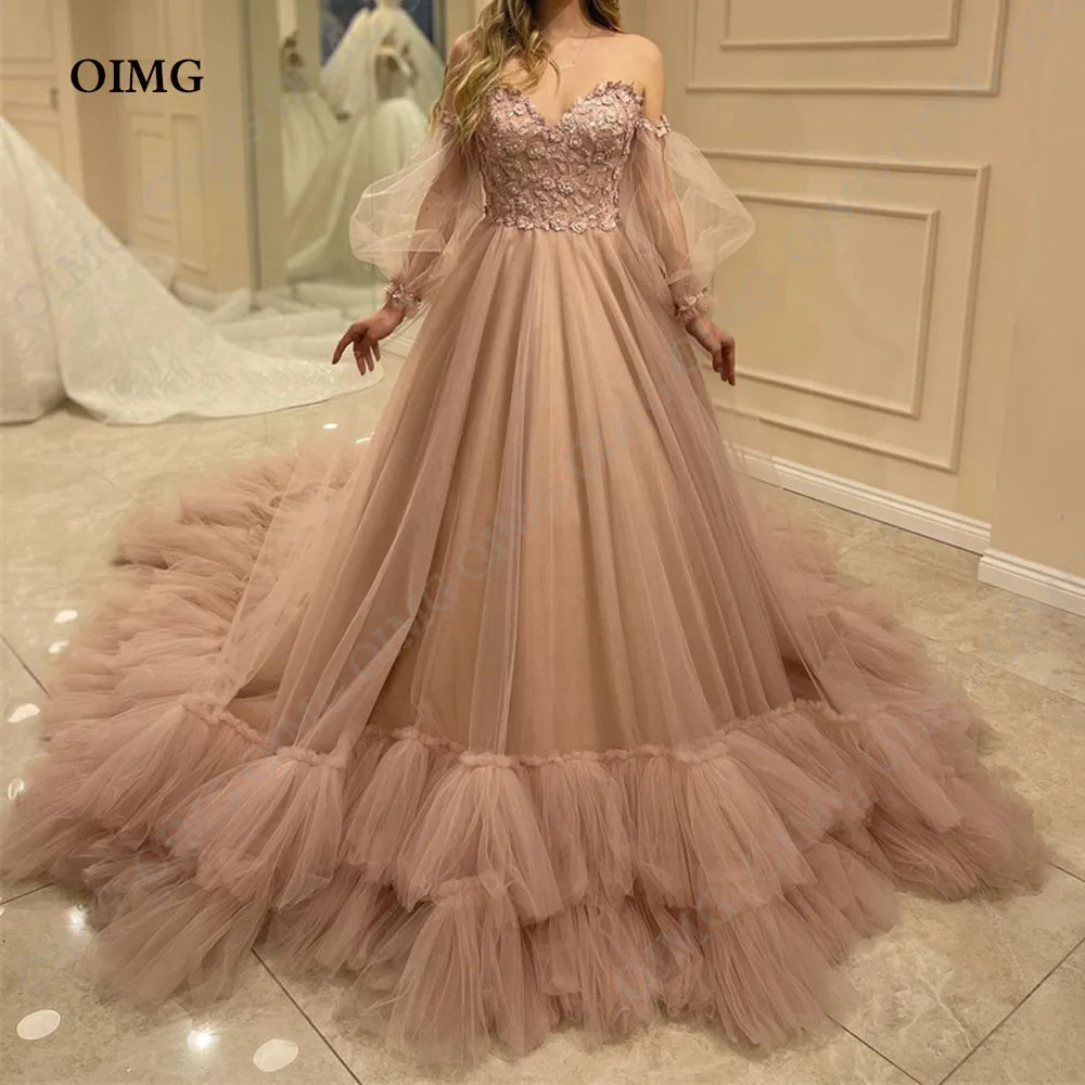 

OIMG Luxury Dusty Pink Evening Dresses For Birthday Party Full Sleeves Sweetheart Long Lace Ruched Formal Prom Dress Dubai Gowns