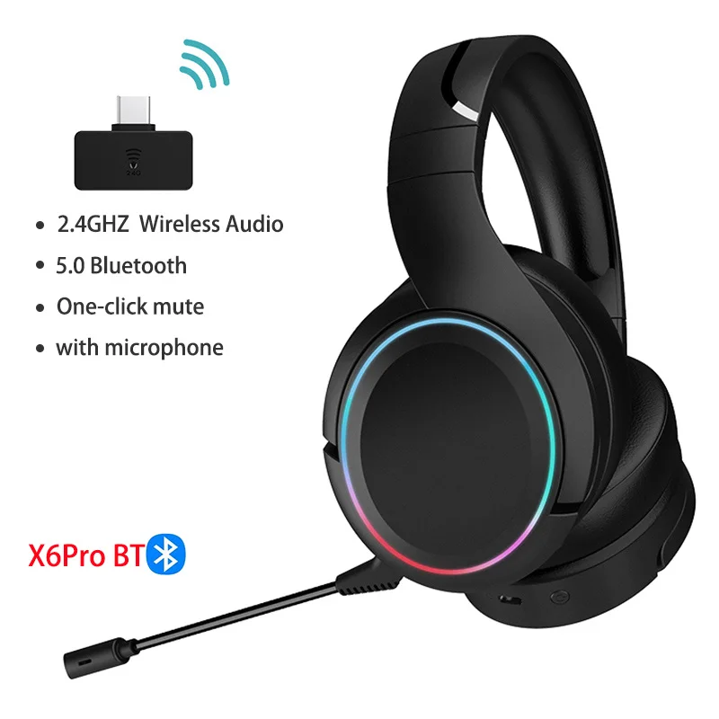 2.4G Wireless Gaming Headset 50mm Unit Bluetooth Wireless Headphones For Notebook desktop computer PS5 with RGB Detachable Mic 