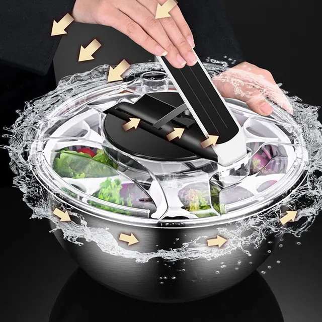Salad Spinner Stainless Steel Manual Press Type Vegetable Spinner Multifunctional Home Vegetable Fruit Washer Drain Strainer 3