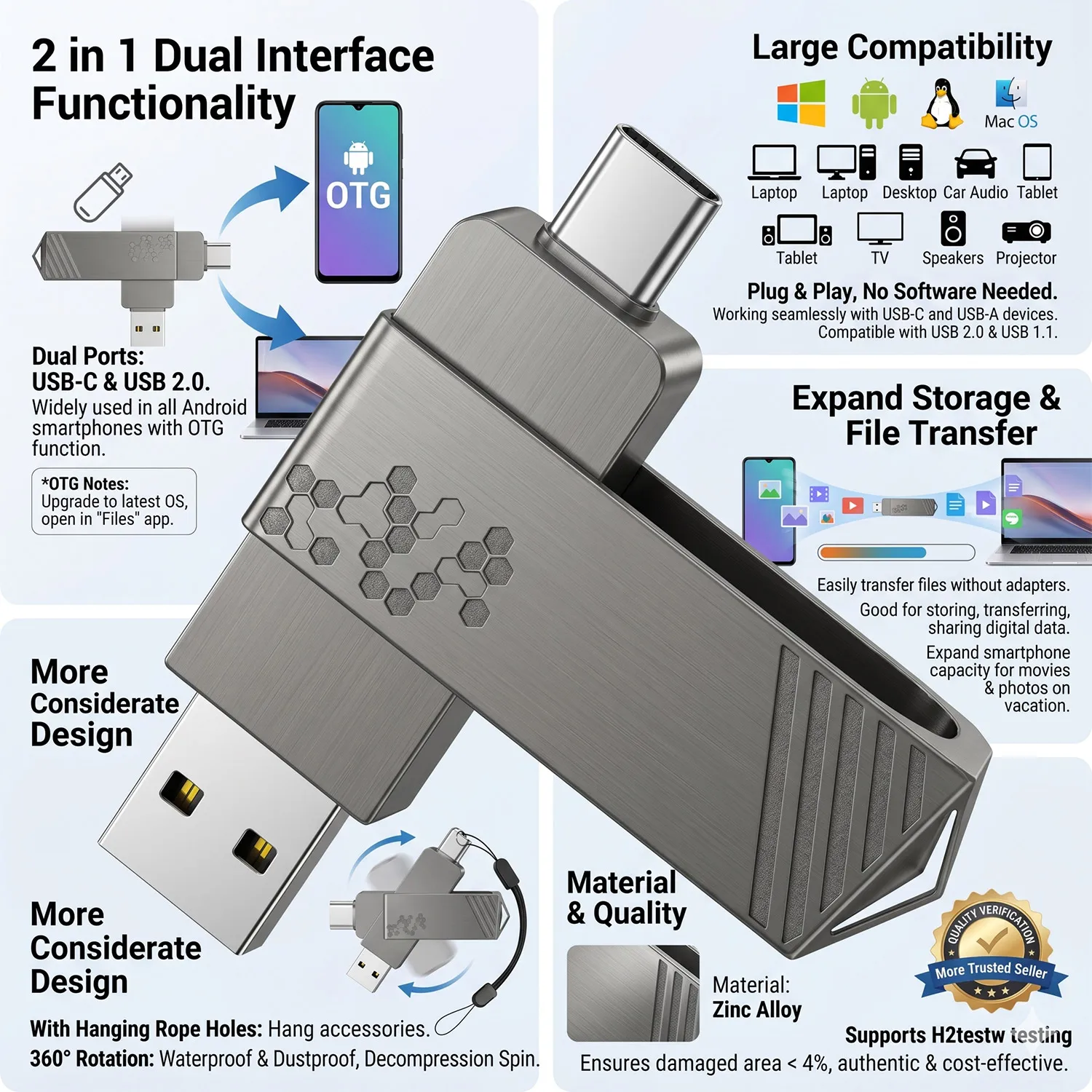 Unidad Flash 2 en 1 de Alta Velocidad, Pen Drive OTG con Interfaces Tipo C y USB A para MacBook, Unidad Flash USB OTG para Android, Pen Drive Micro USB
