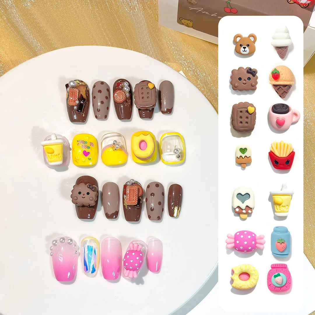 

Cute Snack Fast Food Gummy Bear Charms Acrylic Nail Art Flat Back Rhinestone Ice Cream Press on Nail Art Manicure Kawai Parts