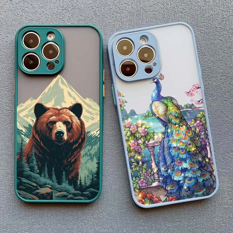 Tiermotive Hirsch Bär Pfau Matt Handyhülle für iPhone 17 16 Pro Max 15 14 13 12 11 Pro Max 13 12 Mini 15 14 Plus XS XR X Schutzhüllen ﻿