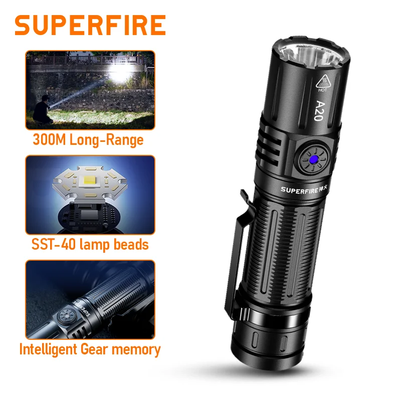 SUPERFIRE 강력한 EDC 방수 손전등, 토치, 1700m 스포트라이트, USB 충전식, 5가지 모드, 실외 랜턴, A20
