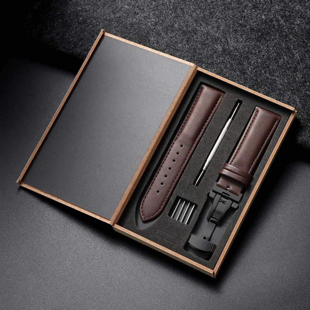 Premium Genuine Leather Watch Band with Butterfly Clasp - Brown & Black Bracelet Strap