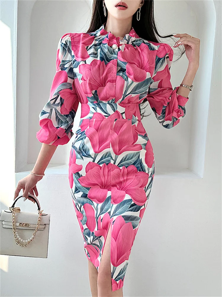

Spring Flower Print New In Matching Sets Women Tops + Bodycon Pencil Skirts Casual OL Shirt 2 Piece Sets Women Outfits