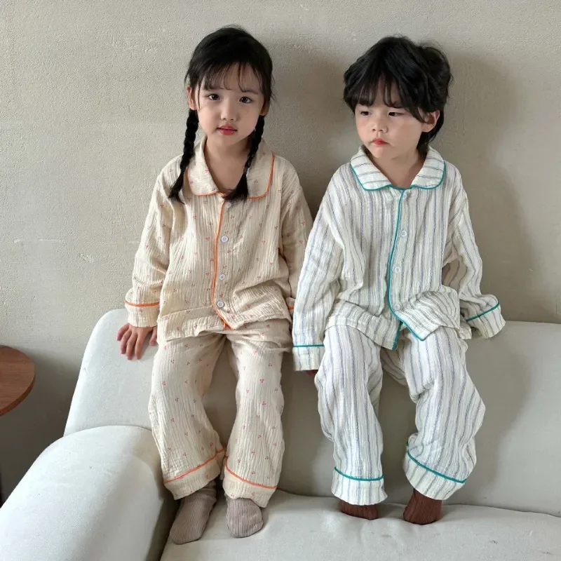 

Осень 2023, детский пижамный комплект, хлопковая одежда для сна с длинными рукавами и цветочным принтом в Вертикальную Полоску, повседневная домашняя одежда для девочек и мальчиков