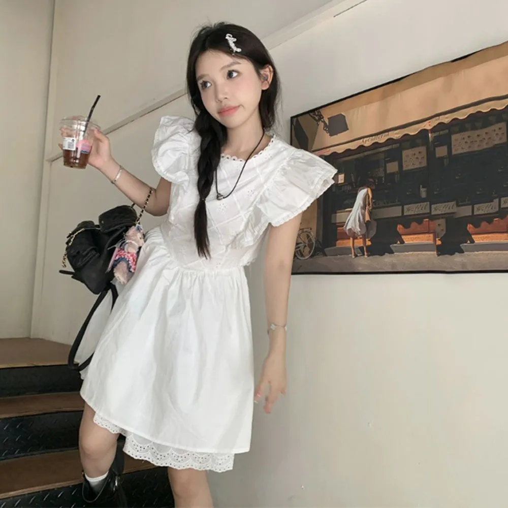 

Flying Flying Sleeve Dress For Women's Summer Design 2023 New Lace Spliced A Line Mini Dresses Ladies Elegant White Short Dress