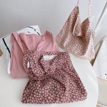 Wu Mei 페이스트 소녀의 여름 핑크 꽃 무늬 큰 천 가방 거리 여행 올 매치 캐주얼 숄더백 쇼핑백