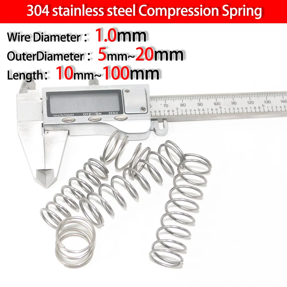 304Stainless Steel Compression Spring Return Spring Steel Wire Diameter 1.0mm Outside Diameter 5~20mm length 10mm to 100mm 10Pcs