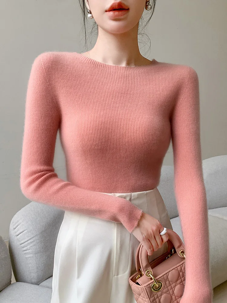 Spring and autumn women's sweater solid color 100% merino wool women's O-neck knit pullover slim soft sexy long sleeve top