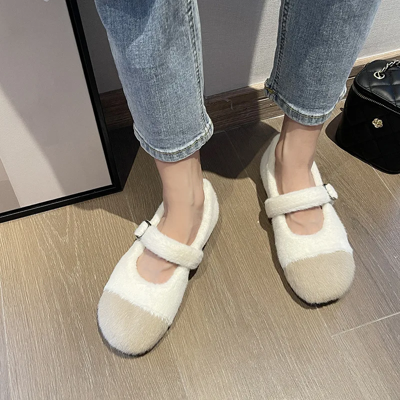 

Plush shoes women's outer wear 2022 autumn and winter new plush color-blocking shoes plus velvet Mary Jane shoes single shoes