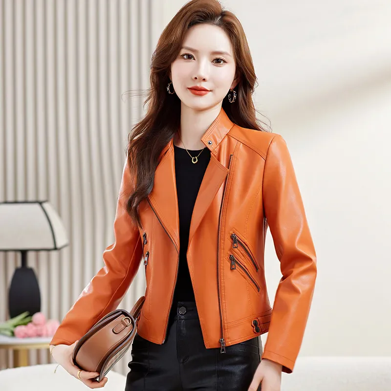 Spring Genuine Leather Jacket Women Real Orange Leather