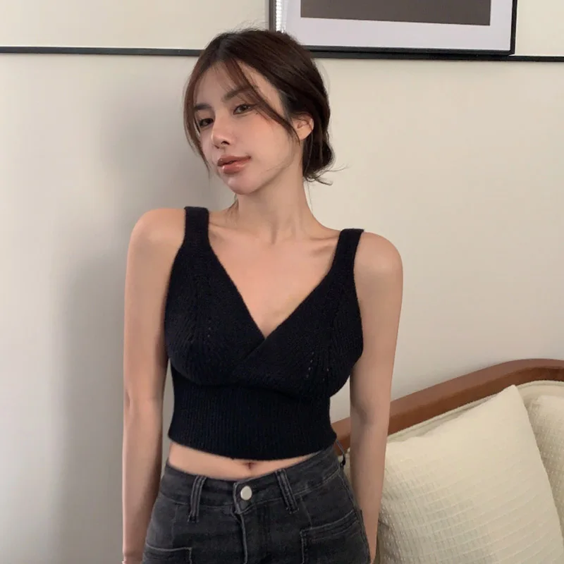 여름 여아용 라운드넥 가디건, 루즈핏 민소매 바지세트 10 여성용 슬링 짧은 니트 캐미스 한국 조끼, 단색 겉옷, 다목적 크롭탑