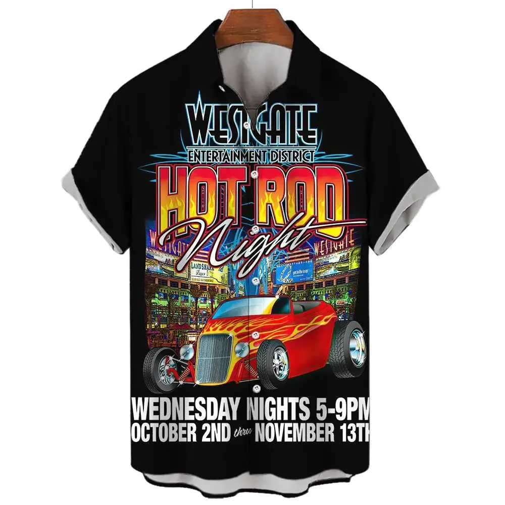 2023 New Retro Classic Car Fashionable and Handsome Printed Short-Sleeved Men's Shirt Casual and Comfortable Lapel Cardigan Top